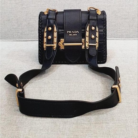 💯 % authentic Prada Black Smooth Calfskin and matte crocodile Cahier bag - Picture 1 of 16